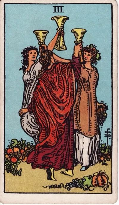Three of Cups, from the Rider-Waite tarot deck