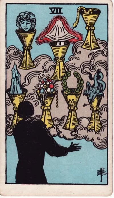 Seven of Cups, from the Rider-Waite tarot deck