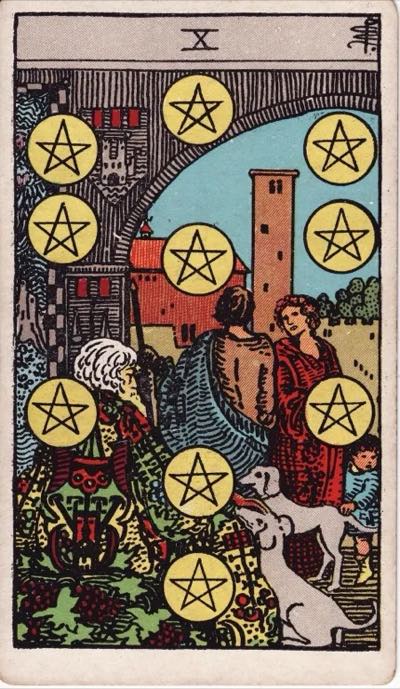 Ten of Pentacles, from the Rider-Waite tarot deck