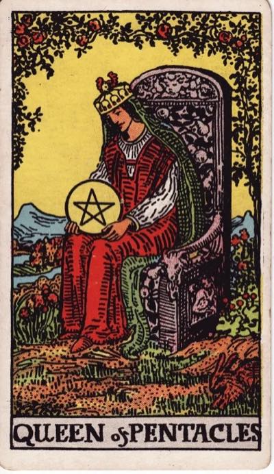Queen of Pentacles, from the Rider-Waite tarot deck