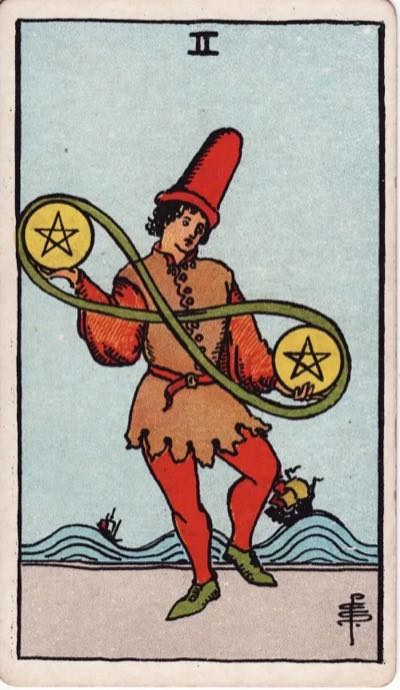 Two of Pentacles, from the Rider-Waite tarot deck