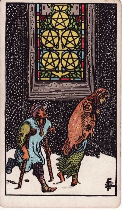 Five of Pentacles, from the Rider-Waite tarot deck
