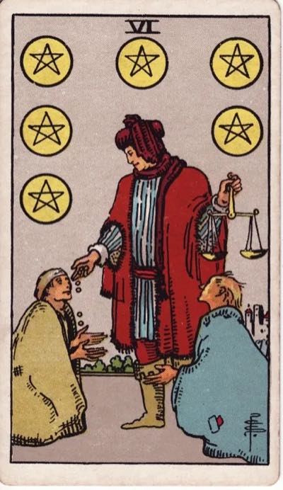 Six of Pentacles, from the Rider-Waite tarot deck