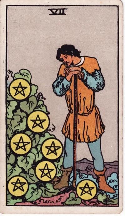 Seven of Pentacles, from the Rider-Waite tarot deck