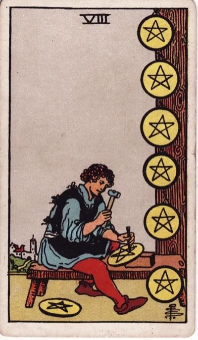 Eight of Pentacles, from the Rider-Waite tarot deck