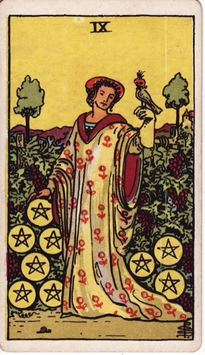 Nine of Pentacles, from the Rider-Waite tarot deck