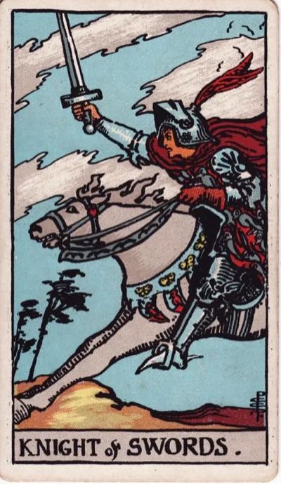 Knight of Swords, from the Rider-Waite tarot deck