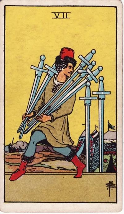 Seven of Swords, from the Rider-Waite tarot deck