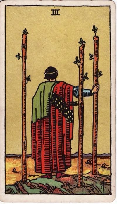 Three of Wands, from the Rider-Waite tarot deck