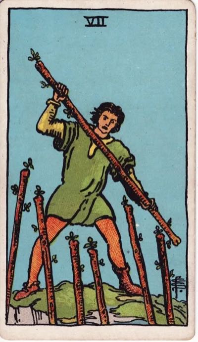 Seven of Wands, from the Rider-Waite tarot deck