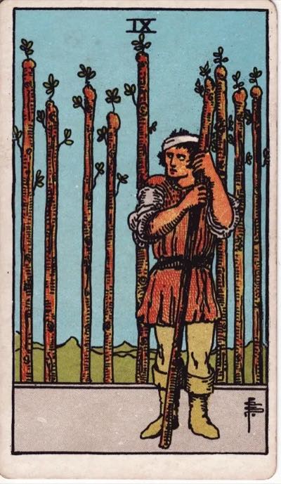 Nine of Wands, from the Rider-Waite tarot deck